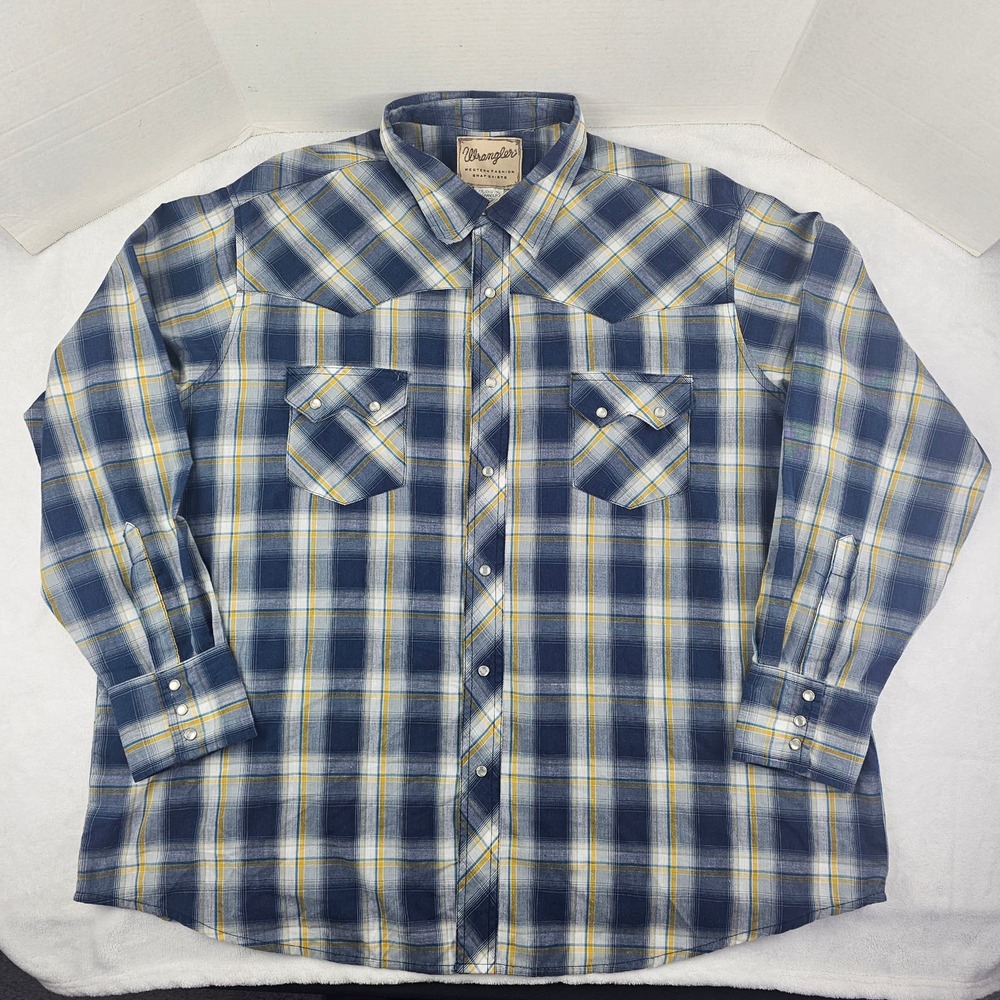 Wrangler Western Fashion Men's Pearl Snap Blue Plaid Button Down Shirt Size 2XL